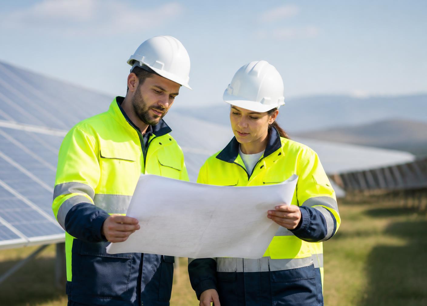 Engineers reviewing construction drawings at a solar project site
