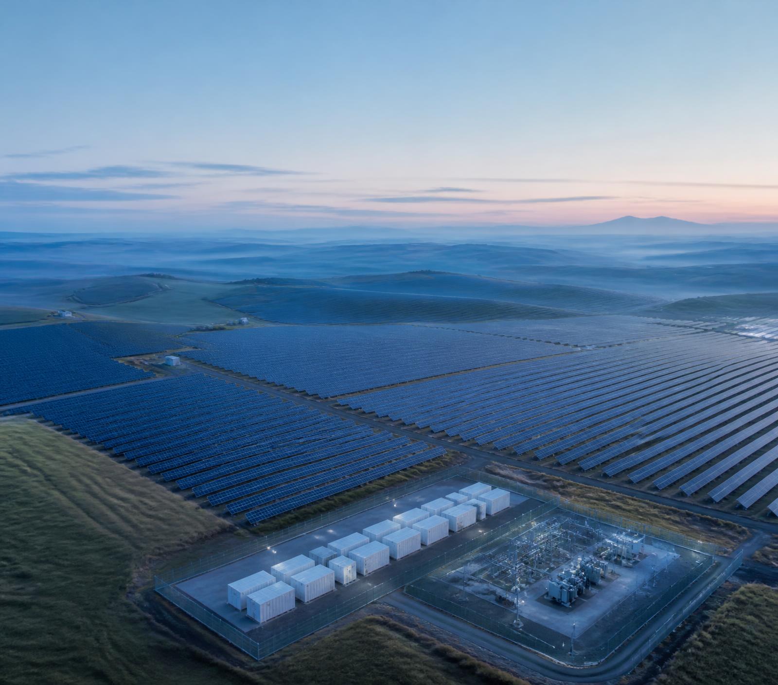 Aerial view of a utility-scale solar farm and battery storage site at golden hour in Romania